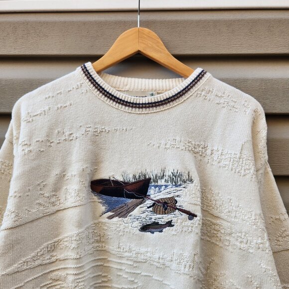 Vintage 90's Fieldmaster Embrioded Nature Fish Boat Sweatshirt Pullover USA Made - Picture 2 of 5